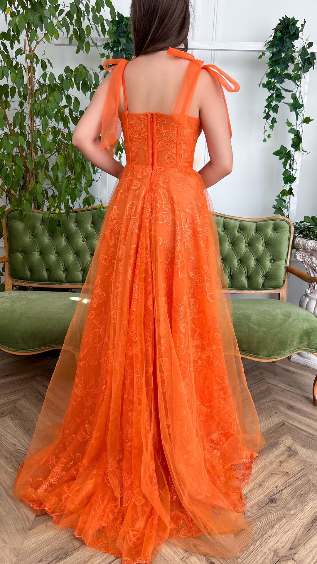 G2701 - Chic & Modern A-Line Orange Straps Tulle Ball Gown Porm Evening Dress