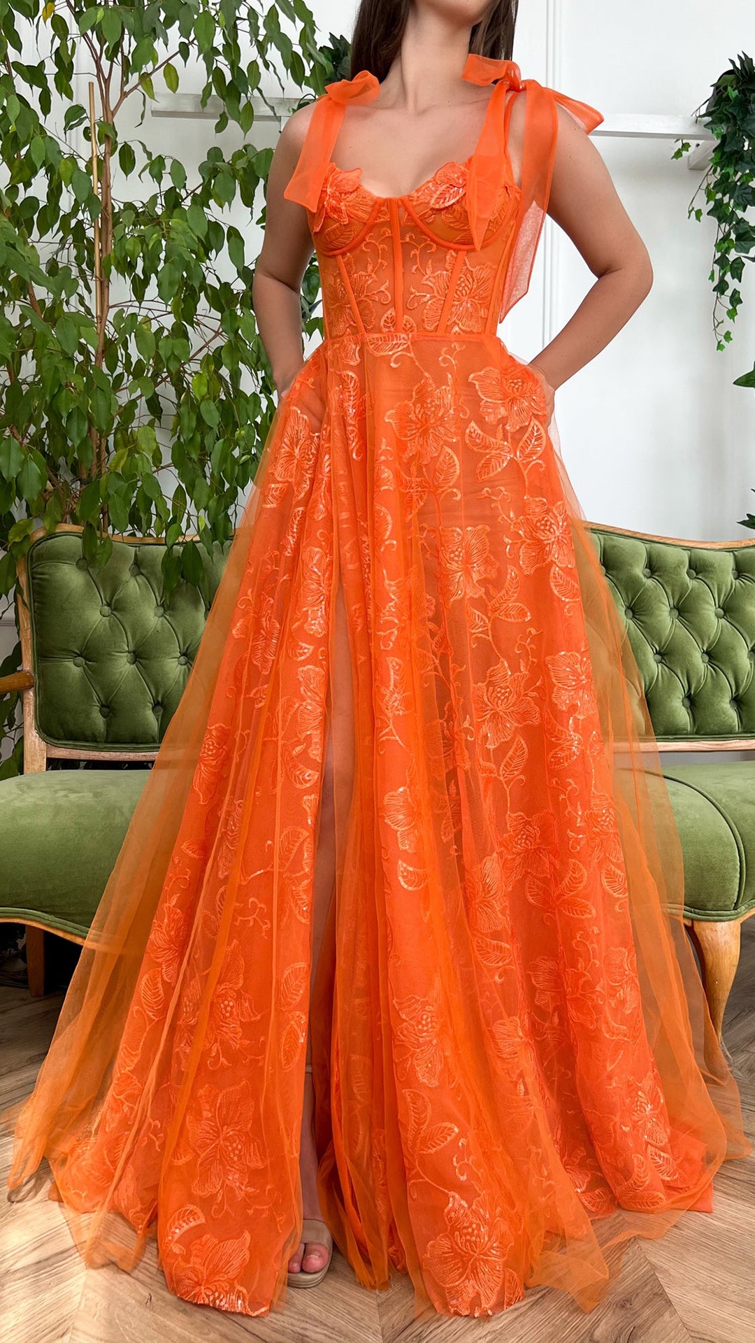 G2701 - Chic & Modern A-Line Orange Straps Tulle Ball Gown Porm Evening Dress