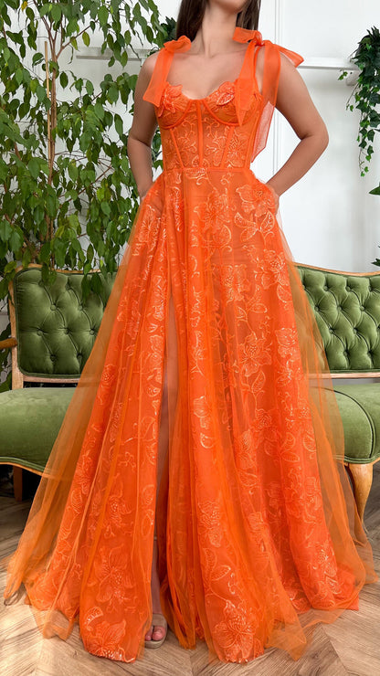 G2701 - Chic & Modern A-Line Orange Straps Tulle Ball Gown Porm Evening Dress