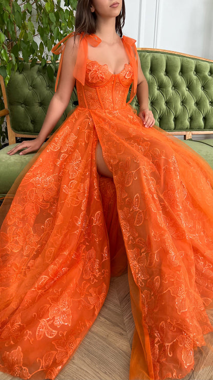 G2701 - Chic & Modern A-Line Orange Straps Tulle Ball Gown Porm Evening Dress