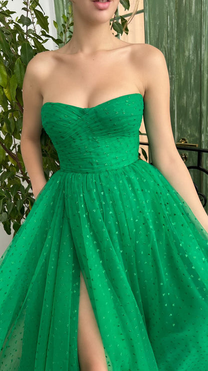 G2704 - Chic & ModernA-Line Strapless Sequins Green Ball Gown Porm Evening Dress