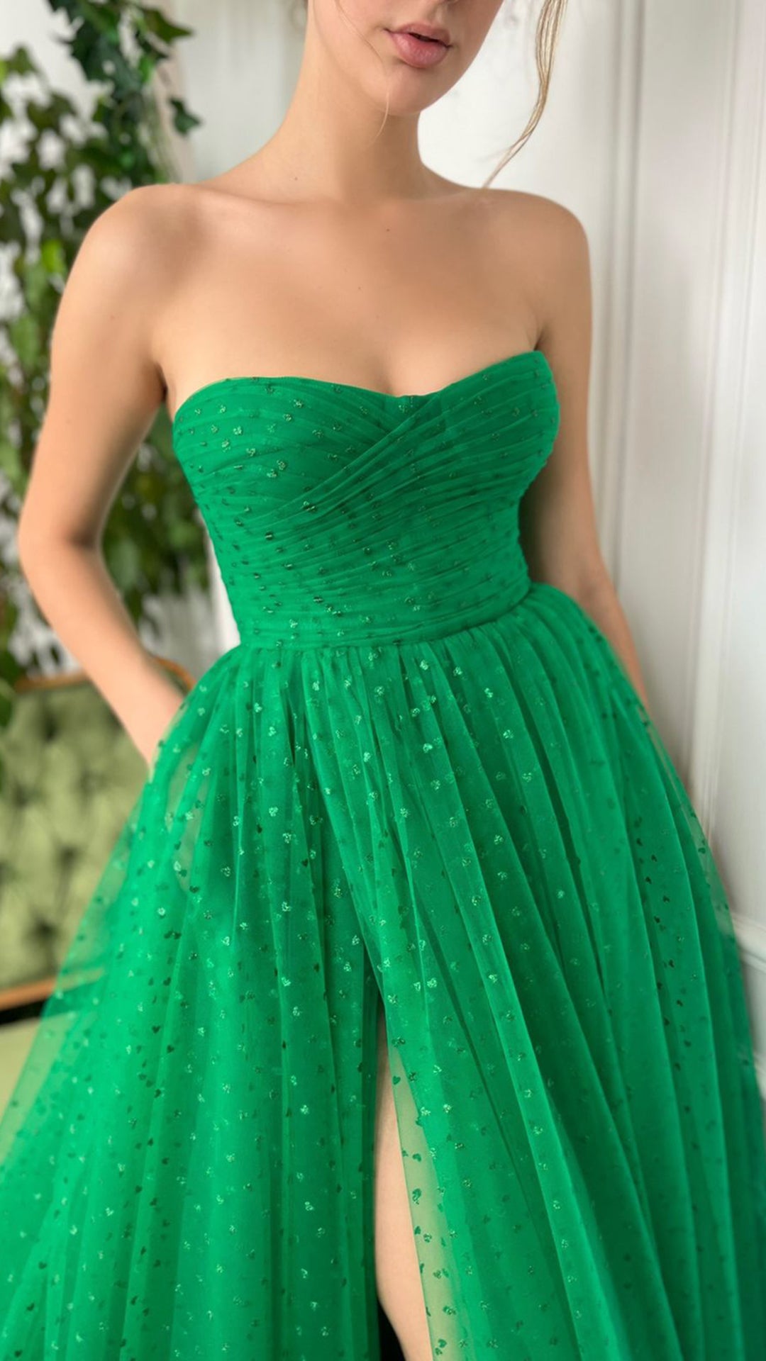 G2704 - Chic & ModernA-Line Strapless Sequins Green Ball Gown Porm Evening Dress