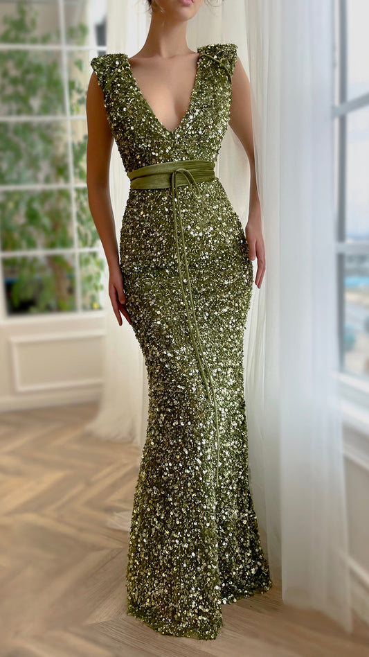 G2705 - Sexy Fitted Sparkly Sequins Mermiad V-Neck Long Porm Evening Dress