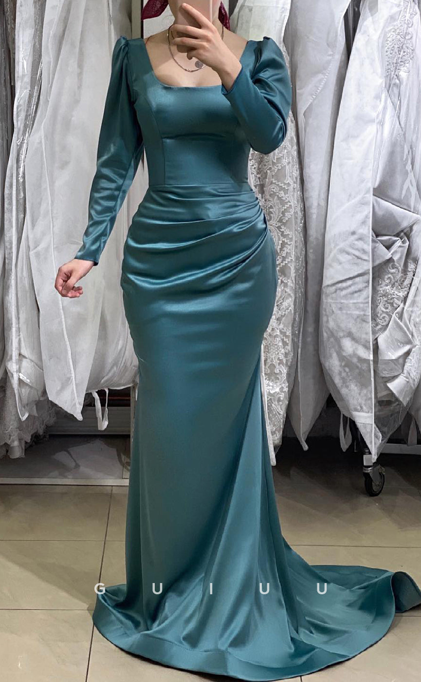 G2708 - Simple & Casual Satin Square Ruched Long Sleeve Prom Dresses