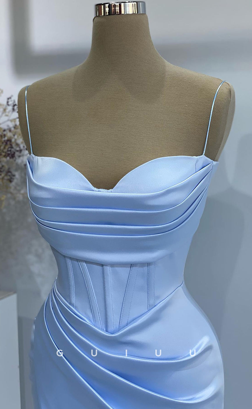 G2717 - Chic & Modern Satin Sweetheart Baby Blue Ruched Long Porm Evening Dress