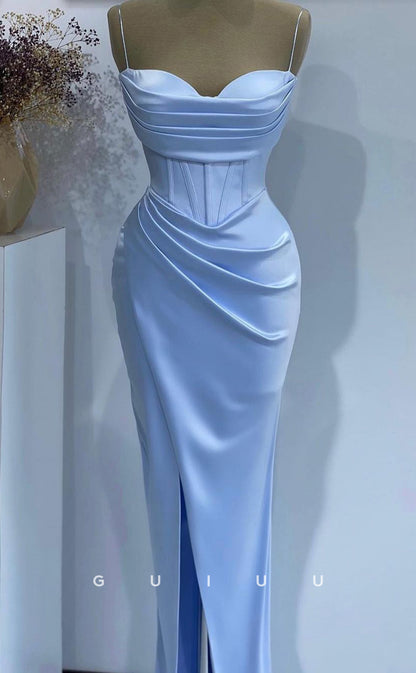 G2717 - Chic & Modern Satin Sweetheart Baby Blue Ruched Long Porm Evening Dress