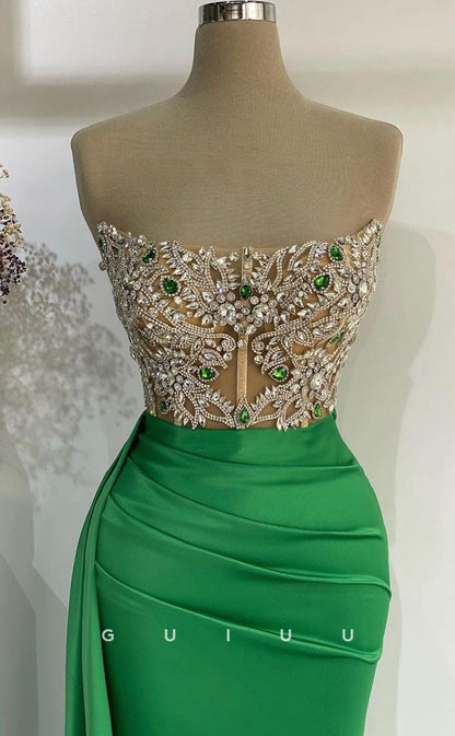 G2719 - Elegant & Luxurious Beaded Strapless Sheer Green Long Porm Evening Dress