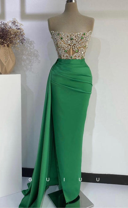 G2719 - Elegant & Luxurious Beaded Strapless Sheer Green Long Porm Evening Dress