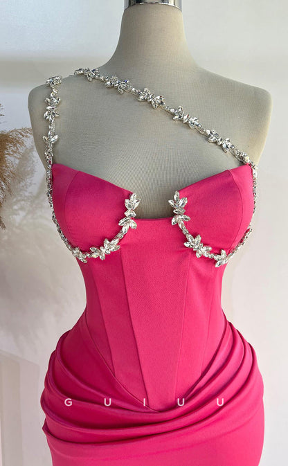 G2720 - Chic & Modern Beaded Straps Ruched Hot Pink Long Porm Evening Dress