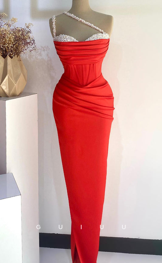 G2722 - Elegant & Luxurious One Shoulder Beaded Ruched Red Long Porm Evening Dress