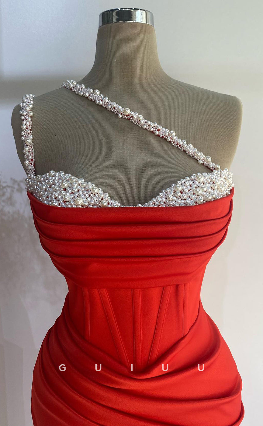 G2722 - Elegant & Luxurious One Shoulder Beaded Ruched Red Long Porm Evening Dress