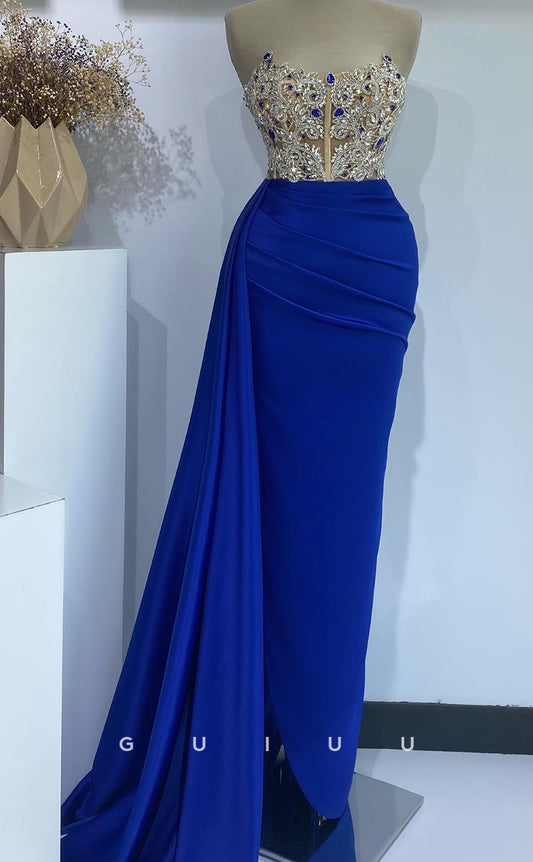 G2728 - Elegant & Luxurious Beaded Strapless Royal Blue Long Porm Evening Dress