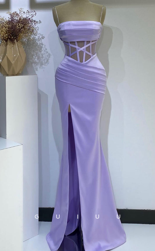 G2731 - Chic & Modern Straps Ruched Sheer Lavender Long Porm Evening Dress