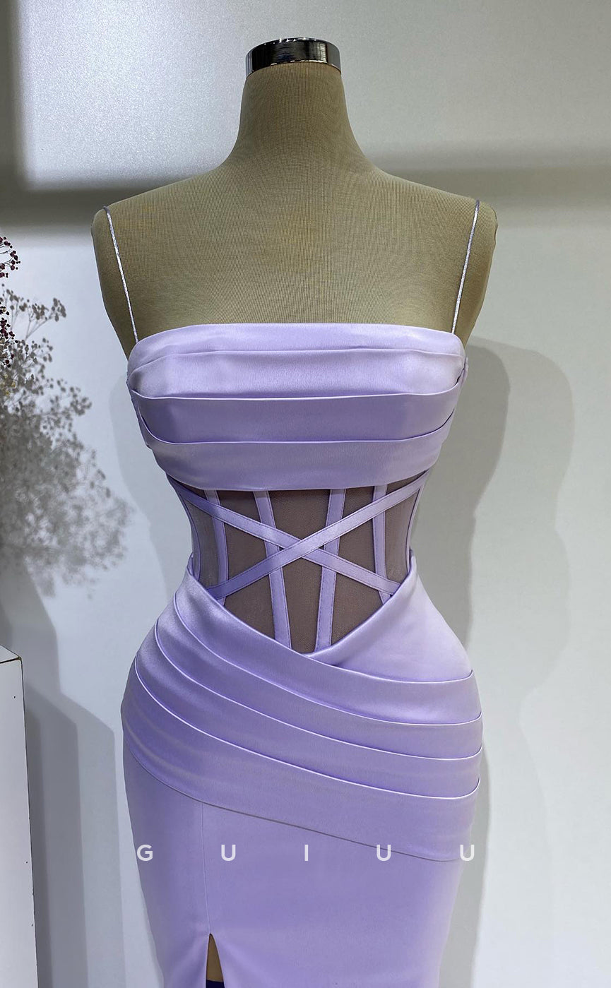 G2731 - Chic & Modern Straps Ruched Sheer Lavender Long Porm Evening Dress