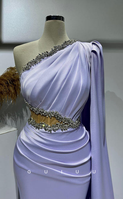 G2732 - Classic & Timeless Beaded One Shoulder Ruched Lavender Long Sleeves Porm Evening Dress