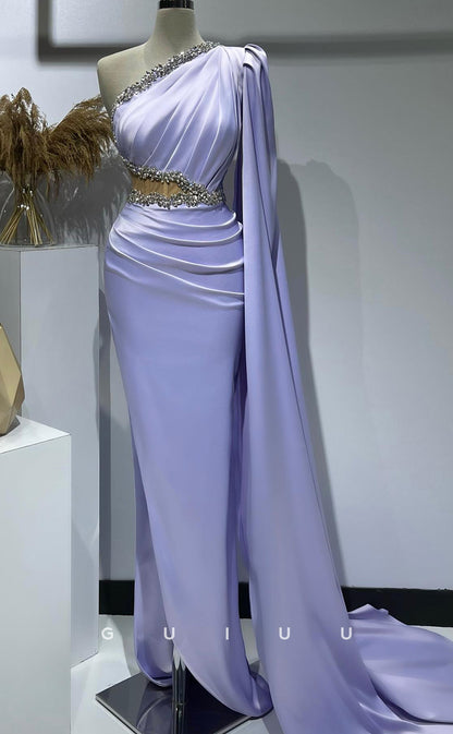 G2732 - Classic & Timeless Beaded One Shoulder Ruched Lavender Long Sleeves Porm Evening Dress