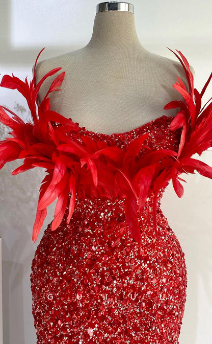 G2734 - Chic & Modern Glitter Sequins Strapless Feather Red Long Porm ...