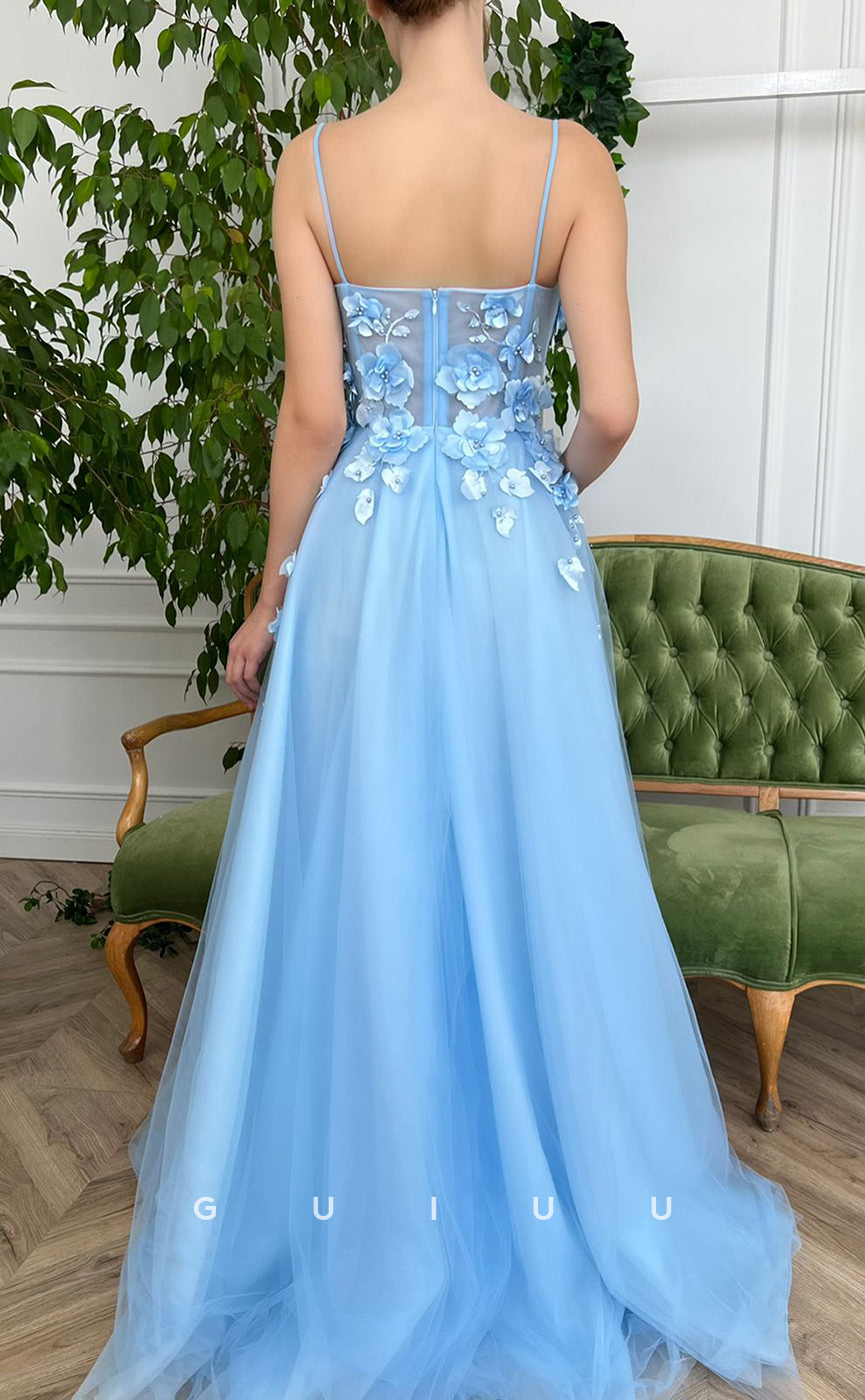 G2738 - Elegant & Simple Sweetheart Spaghetti Straps Floral Embossed Blue Prom Evening Dress