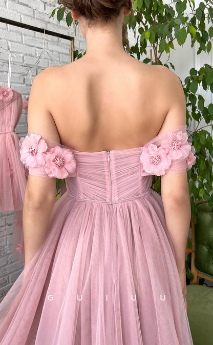 G2739 - Chic & Modern Off-Shoulder Floral Embossed Tulle Pink Prom Evening Dress