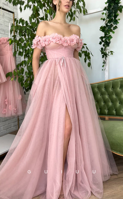 G2739 - Chic & Modern Off-Shoulder Floral Embossed Tulle Pink Prom Evening Dress