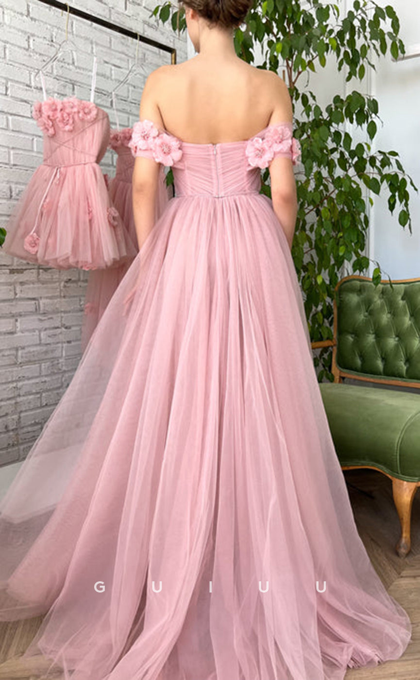 G2739 - Chic & Modern Off-Shoulder Floral Embossed Tulle Pink Prom Evening Dress