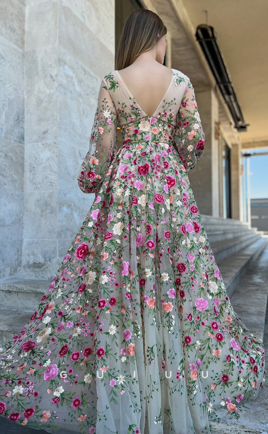 G2740 - Elegant Floral A-Line V-Neck Applique Tulle Long Sleeves Prom ...