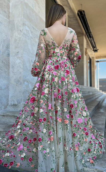 G2740 - Elegant Floral A-Line V-Neck Applique Tulle Long Sleeves Prom Evening Dress