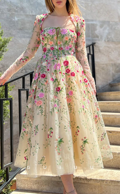 G2741 - Sevintage Elegant Floral A-Line Applique Sheer Long Sleeves Prom Evening Dress