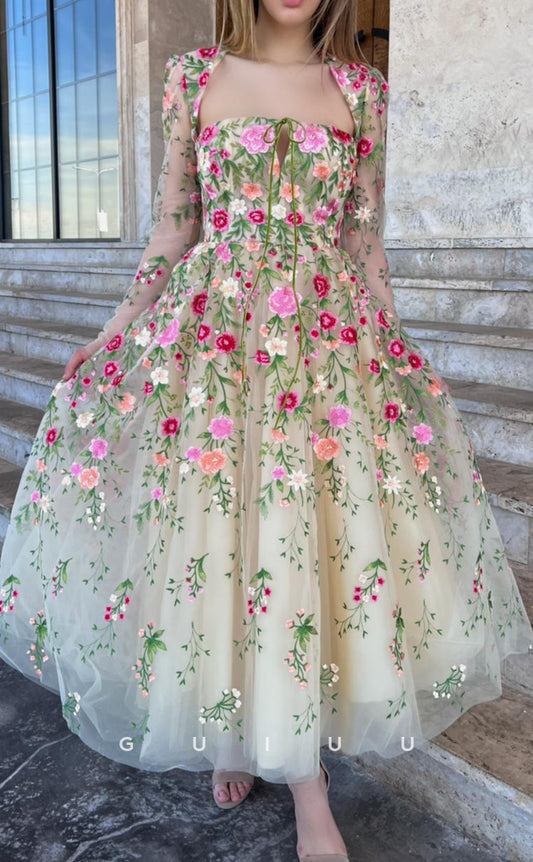 G2741 - Sevintage Elegant Floral A-Line Applique Sheer Long Sleeves Prom Evening Dress