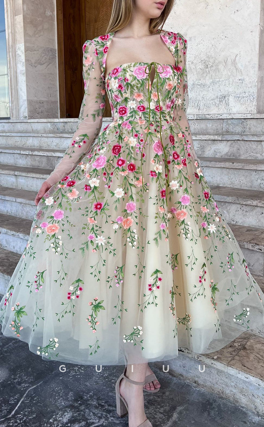 G2741 - Sevintage Elegant Floral A-Line Applique Sheer Long Sleeves Prom Evening Dress