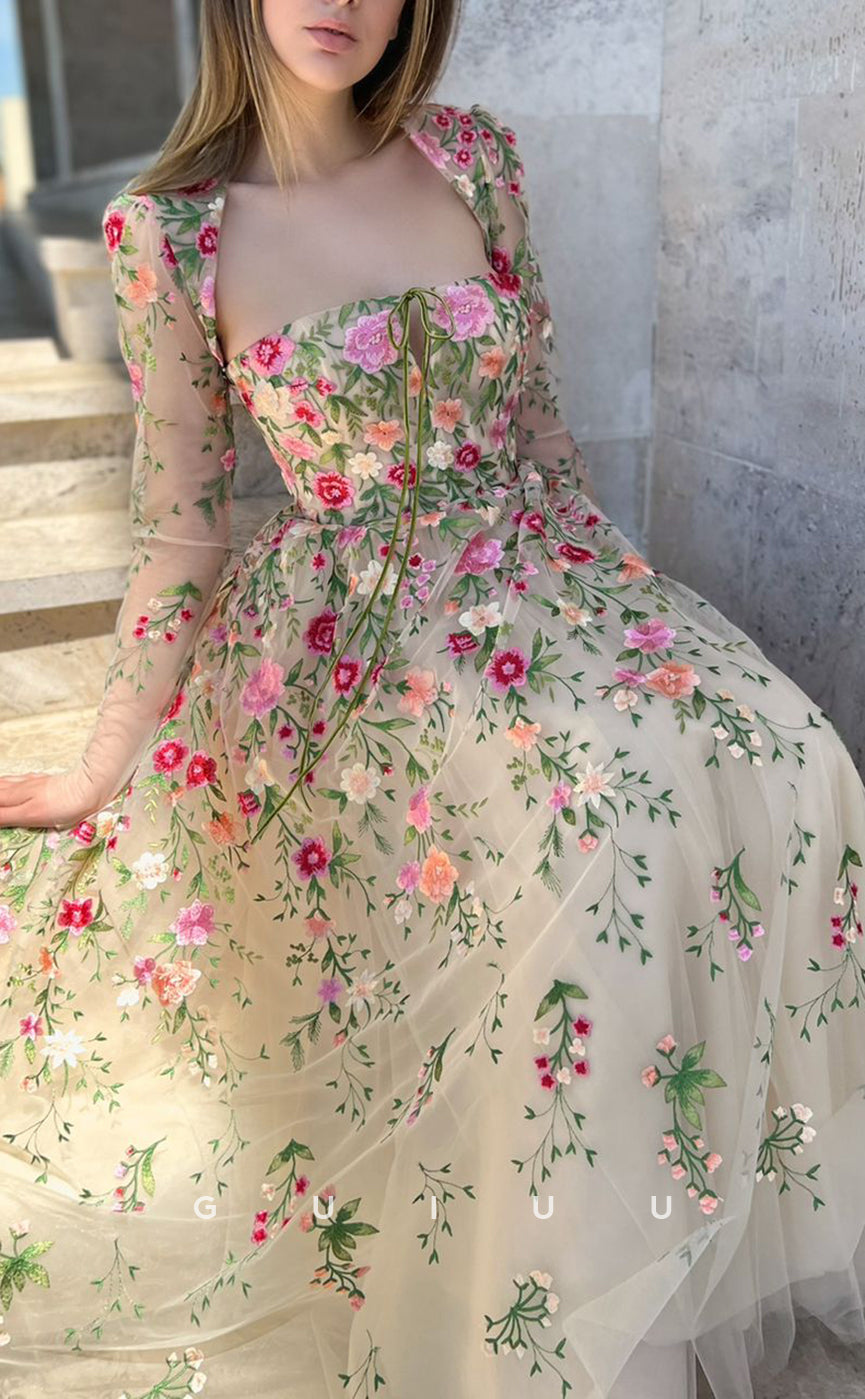 G2741 - Sevintage Elegant Floral A-Line Applique Sheer Long Sleeves Prom Evening Dress