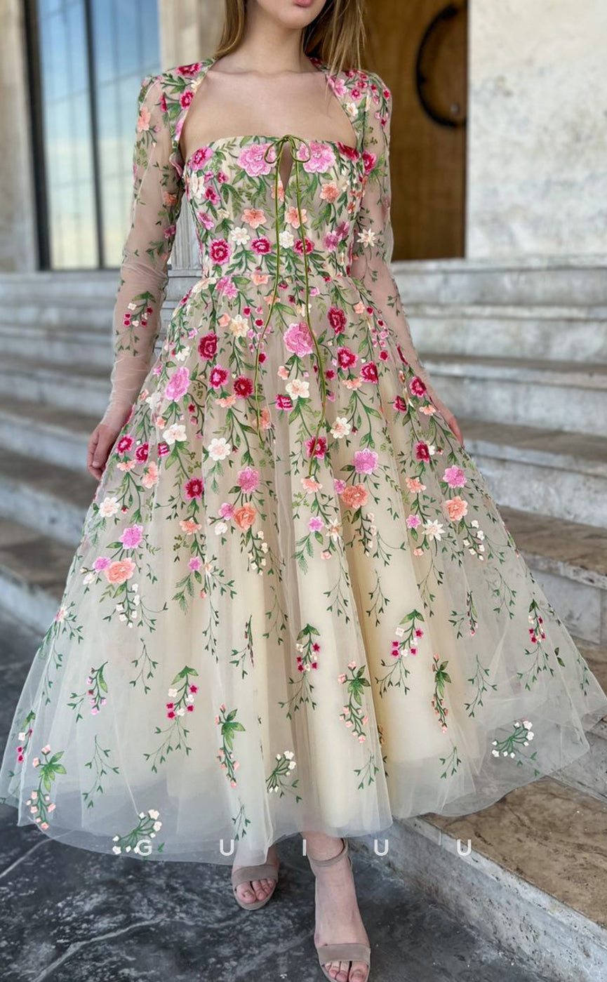 G2741 - Sevintage Elegant Floral A-Line Applique Sheer Long Sleeves Prom Evening Dress