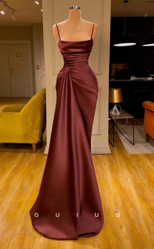 G2751 - Sexy & Hot Simple Straps Rucheed Burgundy Long Prom Evening Dress