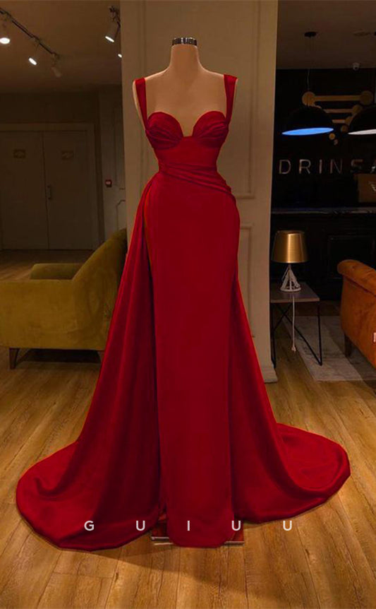 G2753 - Chic & Modern Sweetheart Straps Satin Long Prom Evening Dress With Slit