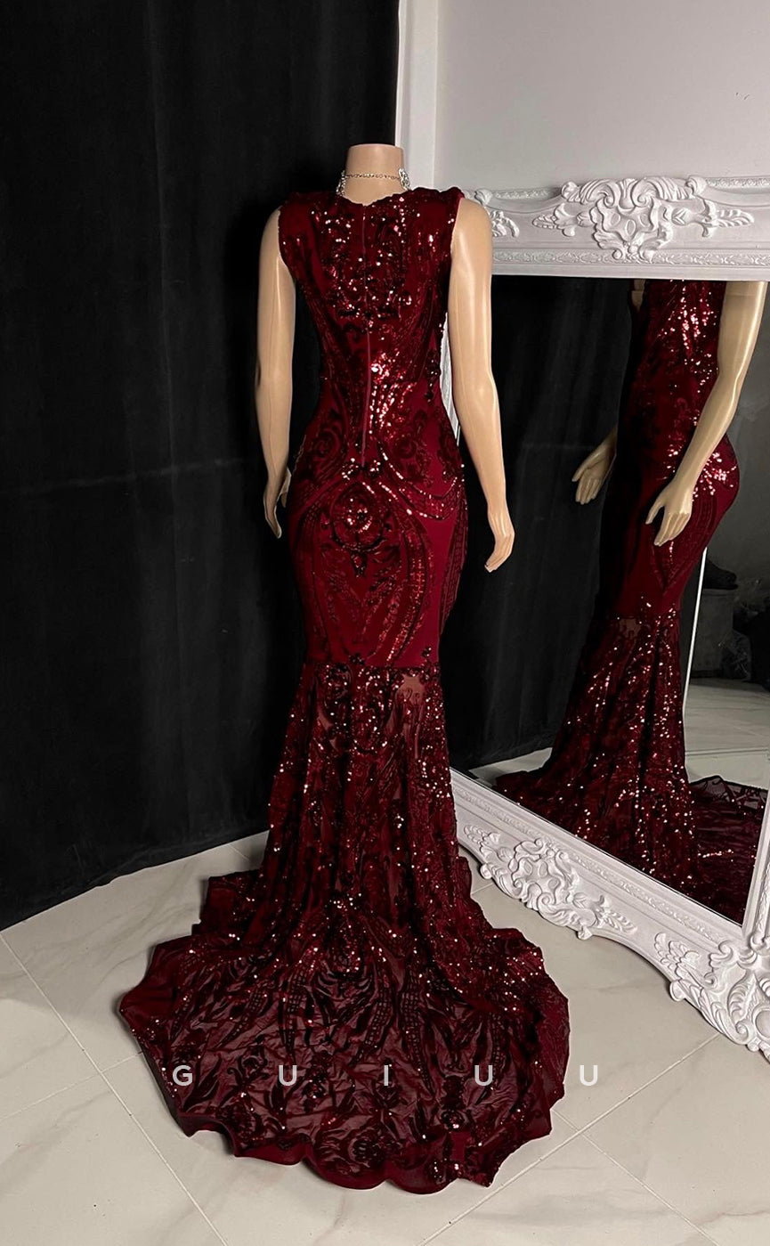 G2755 - Sexy & Fitted Mermaid V-Neck Sequins Sheer Long Prom Evening Dress