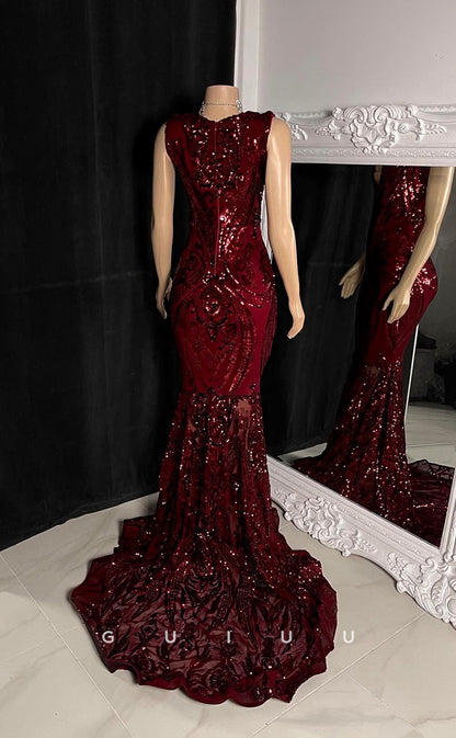 G2755 - Sexy & Fitted Mermaid V-Neck Sequins Sheer Long Prom Evening Dress