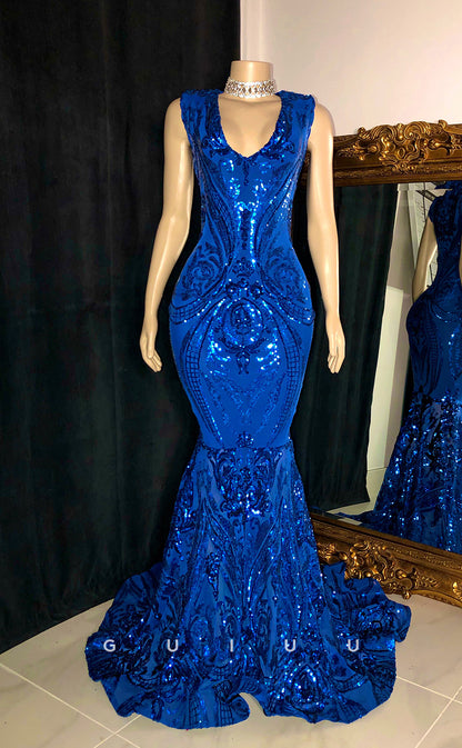 G2755 - Sexy & Fitted Mermaid V-Neck Sequins Sheer Long Prom Evening Dress