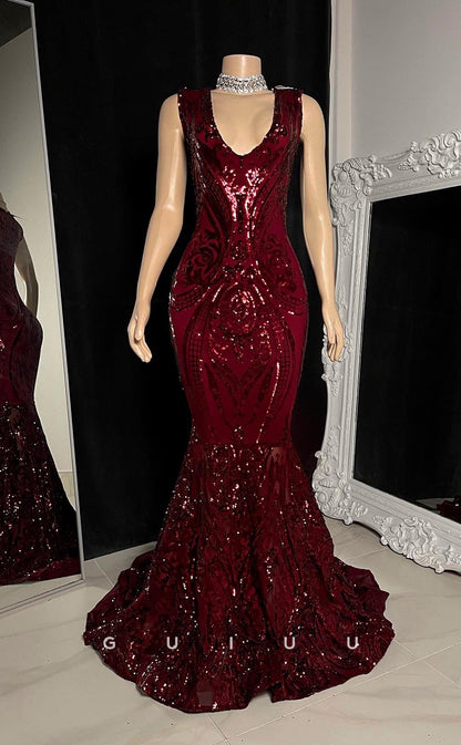 G2755 - Sexy & Fitted Mermaid V-Neck Sequins Sheer Long Prom Evening Dress