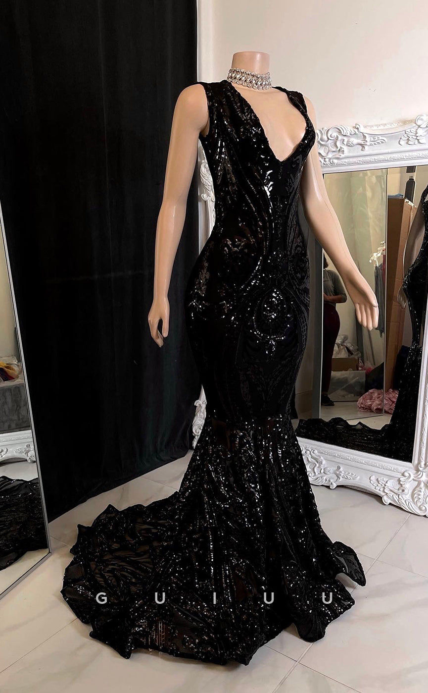 G2755 - Sexy & Fitted Mermaid V-Neck Sequins Sheer Long Prom Evening D ...