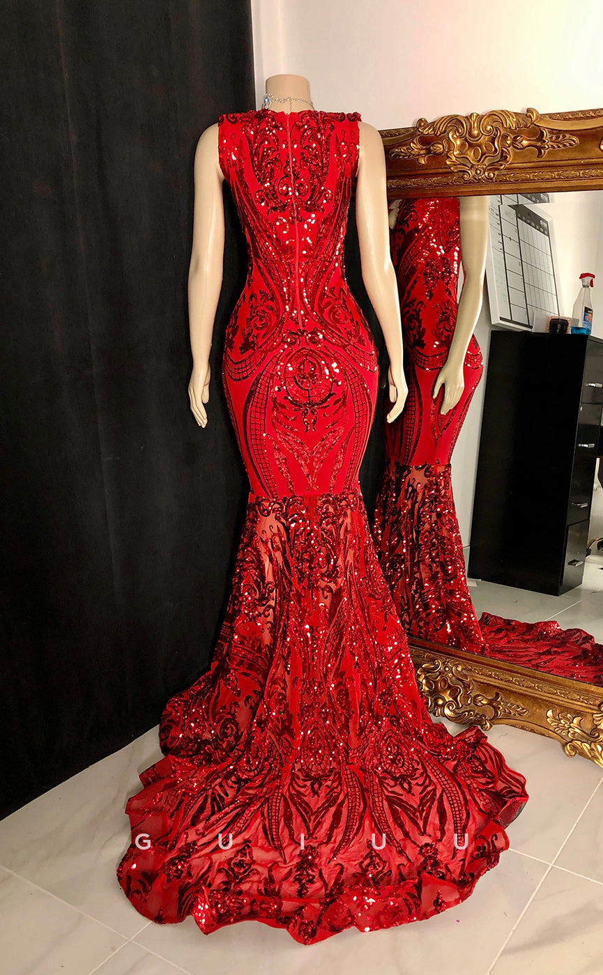 G2755 - Sexy & Fitted Mermaid V-Neck Sequins Sheer Long Prom Evening Dress