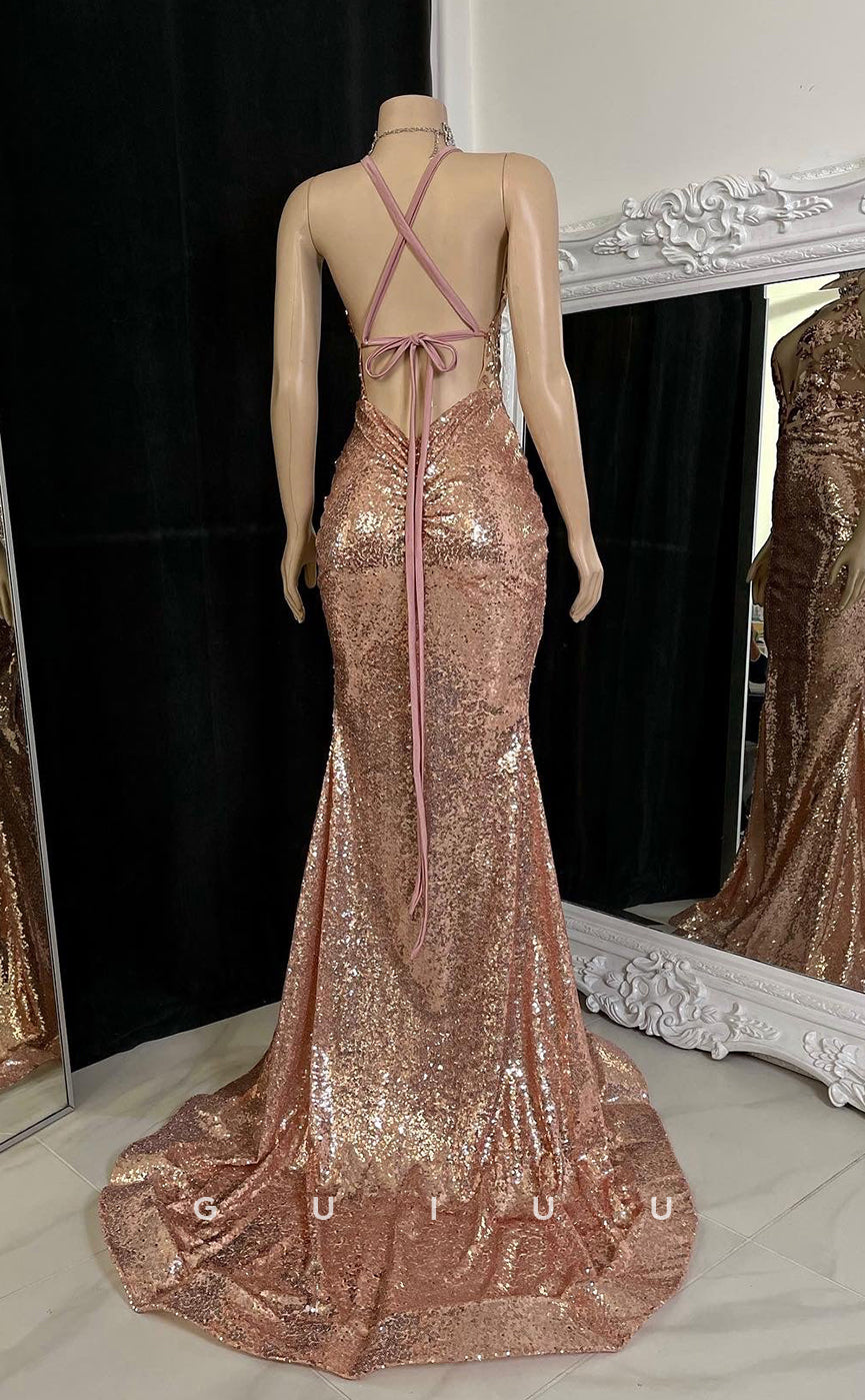 G2757 - Sexy & Mermaid Glitter V-Neck Sequins Sheer Long Night Prom Evening Dress