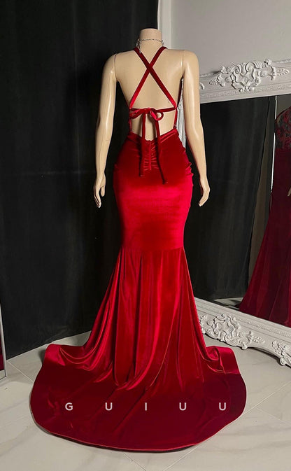 G2760 - Sexy & Fitted Sequins V-Neck Red Velvet Long Prom Evening Dress