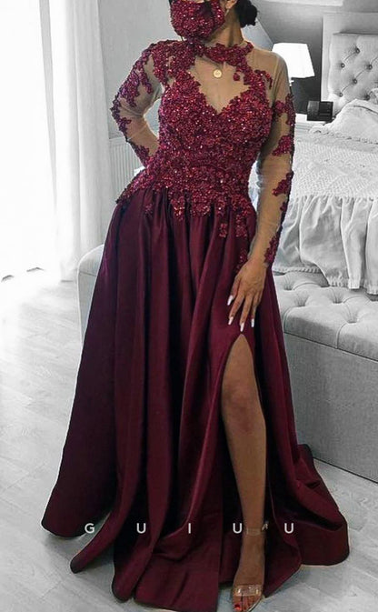 G2761 - Classic & Timeless Beaded Sequins High Neck Satin Long Prom Evening Dress