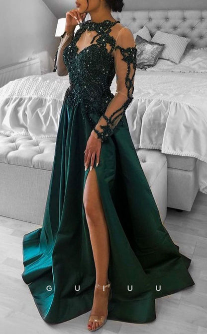 G2761 - Classic & Timeless Beaded Sequins High Neck Satin Long Prom Evening Dress