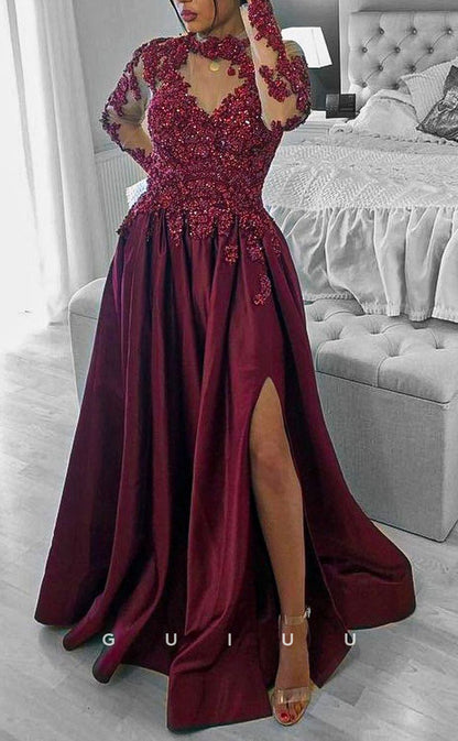 G2761 - Classic & Timeless Beaded Sequins High Neck Satin Long Prom Evening Dress