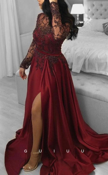 G2763 - Classic & Timeless A-Line Sheer Sequins Beaded Long Prom Evening Dress