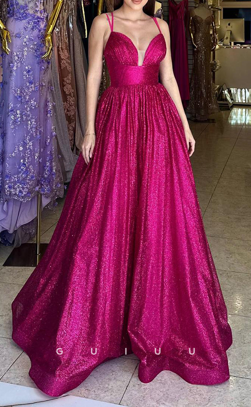 G2767 - A-Line Glitter V-Neck Spaghetti Straps Long Prom Evening Dress