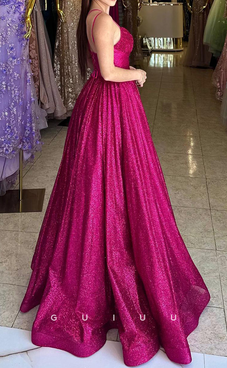 G2767 - A-Line Glitter V-Neck Spaghetti Straps Long Prom Evening Dress