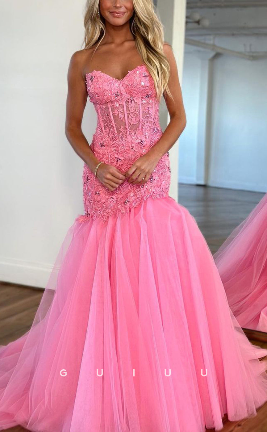 G2774 - Chic & Modern Memaid Strapless Applique Sheer Tulle Prom Evening Dress