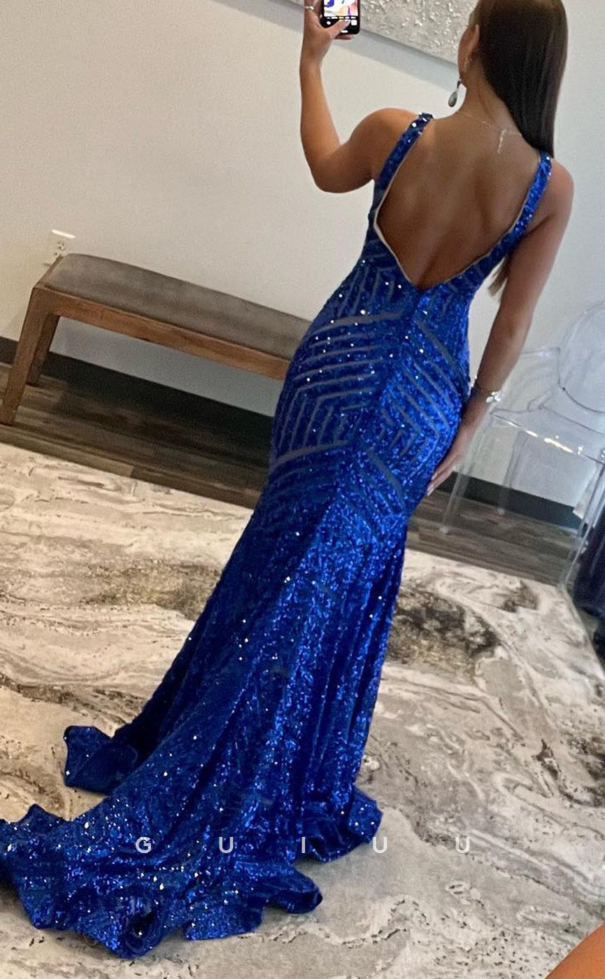 G2781 - Chic & Modern V-Neck Mermaid Sequins Blue Long Prom Evening Dress